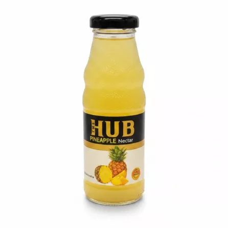Glass bottle of The Hub pineapple nectar with black cap and label showing pineapple image