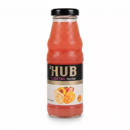 Glass bottle of HUB Cocktail Nectar with fruit images on label