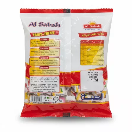 Back of Al Sabah Fruit Toffee package showing ingredients and nutritional info