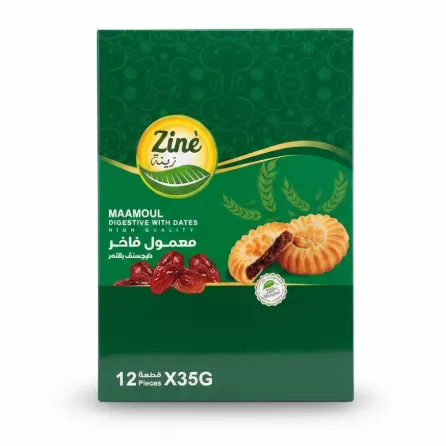 Box of Zine Maamoul Digestive with Dates showing cookies and date filling