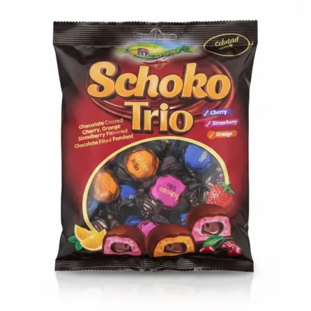 Schoko Trio chocolate coated cherry, orange and strawberry fondants pack front