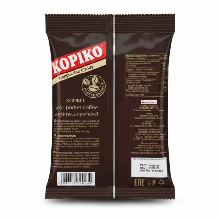 Back of Kopiko Cappuccino Coffee Candy pack showing ingredients and nutritional facts