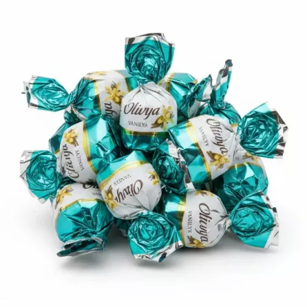 Close-up of individual LaLe Olivya chocolates wrapped in colourful foil