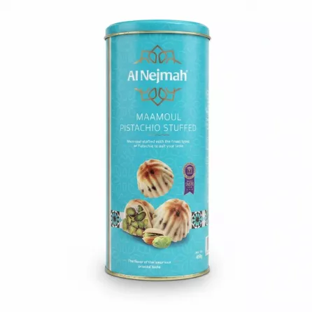 Al Nejmah Maamoul Pistachio Stuffed tin showing pistachio filled pastries on front
