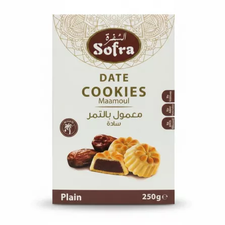 Box of Sofra Date Cookies Maamoul Plain flavor showing front packaging with date cookie images