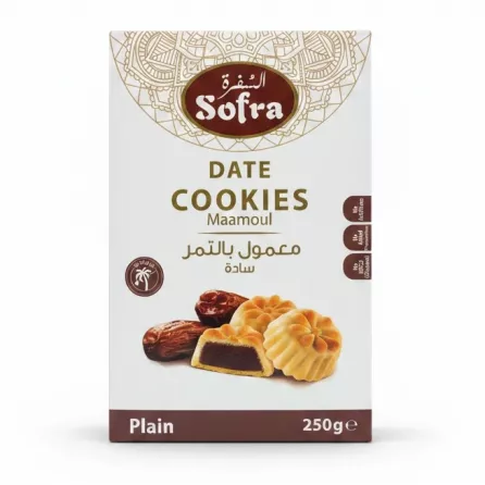 Front view of Sofra Date Cookies Maamoul Plain box with decorative design and product details
