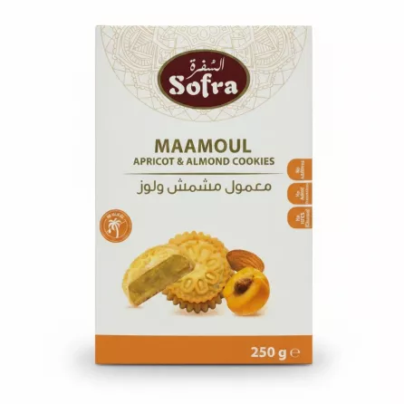 Box of Sofra Maamoul Apricot & Almond Cookies showing cookies, apricot and almond