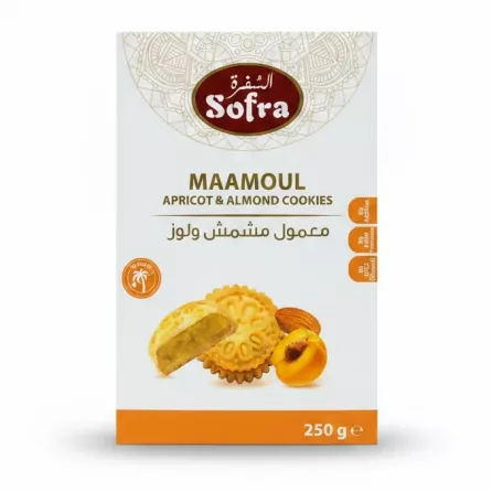 Box of Sofra Maamoul Apricot & Almond Cookies showing the cookies, apricot fruit and almond on the front