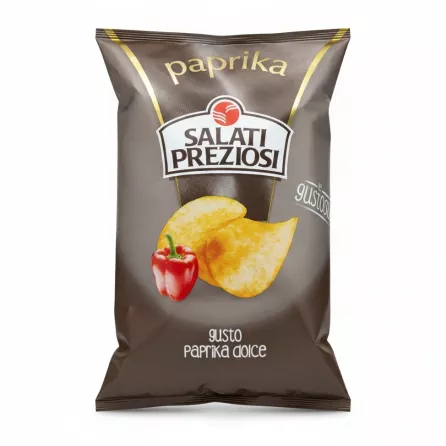 Front of Salati Preziosi paprika flavoured potato chips bag