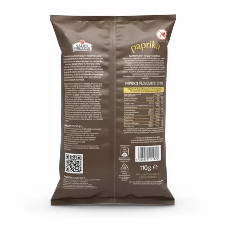 Back of Salati Preziosi paprika flavoured potato chips bag showing ingredients and nutritional information