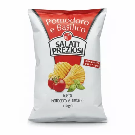 Salati Preziosi tomato and basil flavoured ridged potato chips bag front