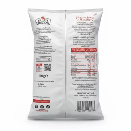 Salati Preziosi tomato and basil flavoured chips bag back with nutritional info