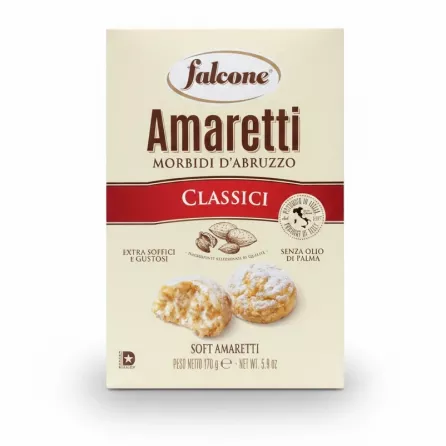 Box of Falcone Soft Amaretti Classic Cookies with almond illustration