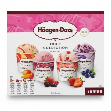 Häagen-Dazs Fruit Collection Mini Cups pack showing 4 fruit ice cream flavours