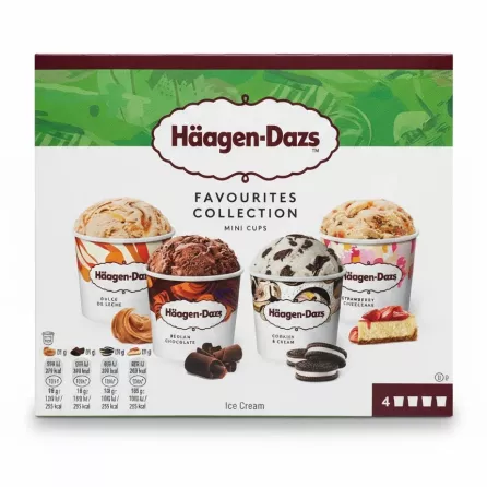 Häagen-Dazs Favourites Mini Cups pack showing four ice cream flavours