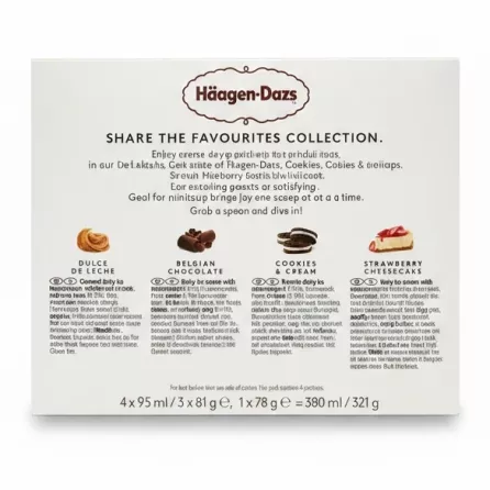 Back view of Häagen-Dazs Favourites Mini Cups pack with flavour descriptions