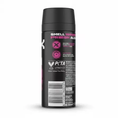 Back of Lynx Number 10 deodorant can showing product details, PETA approved label and barcode
