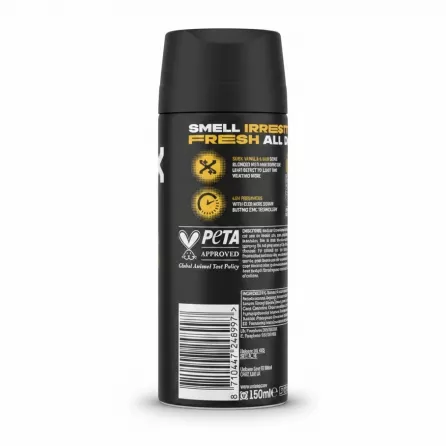 Back label of Lynx Gold deodorant showing ingredients and barcode