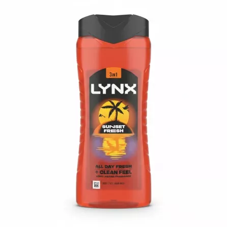 Bottle of Lynx 3in1 Sunset Fresh shower gel showing front label