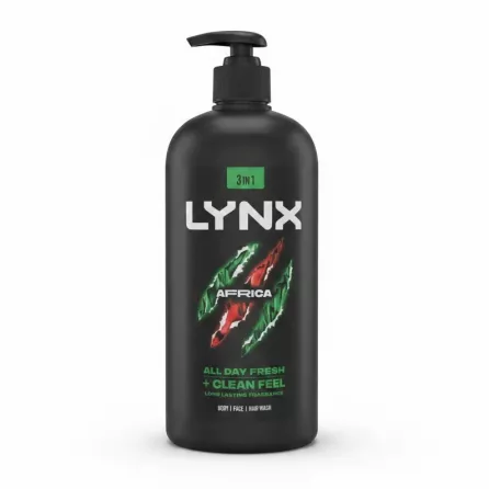 Lynx Africa 3 in 1 body, face and hair wash bottle front label