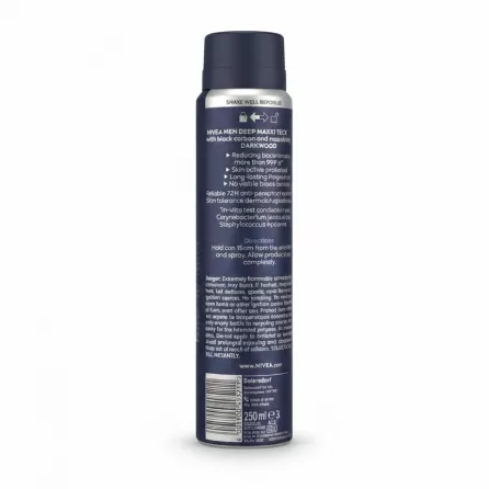 Nivea Men Deep Darkwood antiperspirant spray can back view with usage instructions