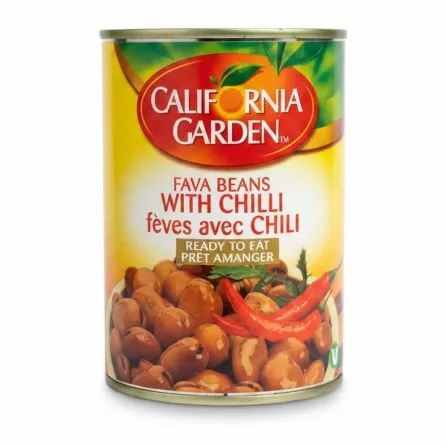 California Garden canned fava beans with chilli front label