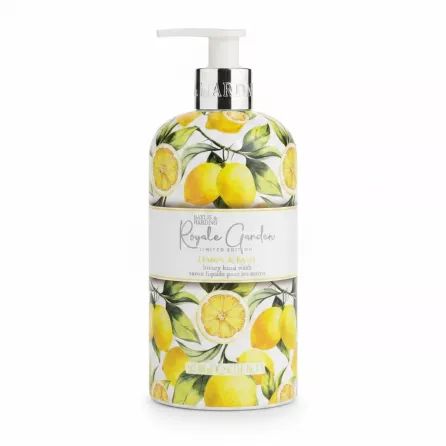 Bottle of Baylis & Harding Royale Garden Lemon & Basil Hand Wash with lemon and basil design