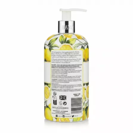 Back label of Baylis & Harding Royale Garden Lemon & Basil Hand Wash showing product description