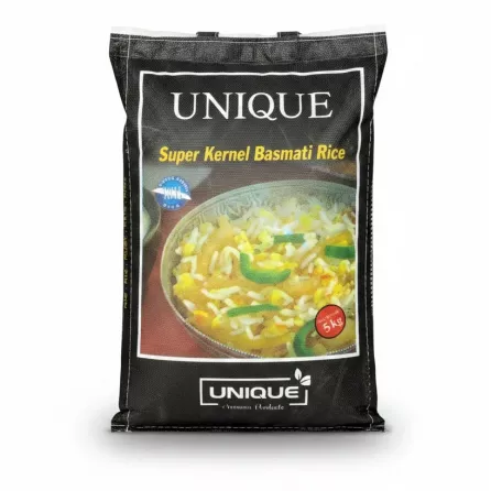 Bag of Unique Super Kernel Basmati Rice with image of cooked rice