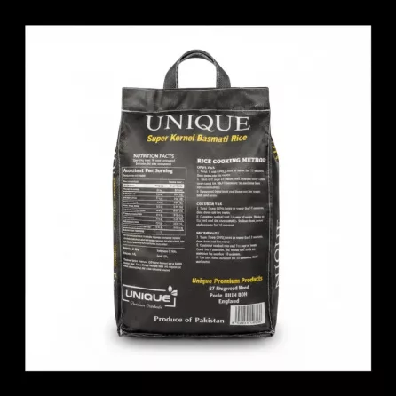 Back of Unique Super Kernel Basmati Rice bag showing nutrition facts and cooking methods