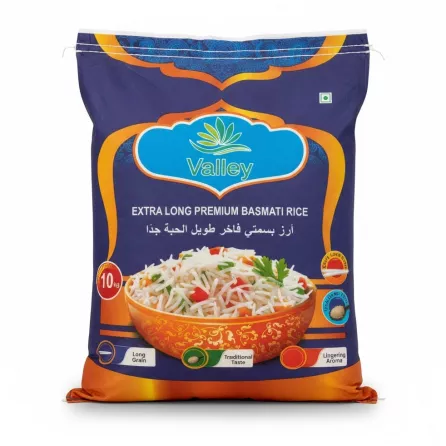 Valley brand 10kg bag of extra long premium basmati rice with vibrant orange and blue packaging