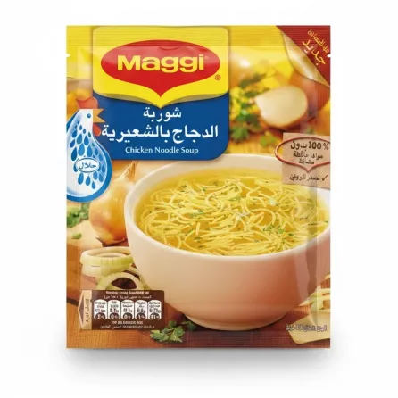 Maggi Chicken Noodle Soup pack front with bowl of soup