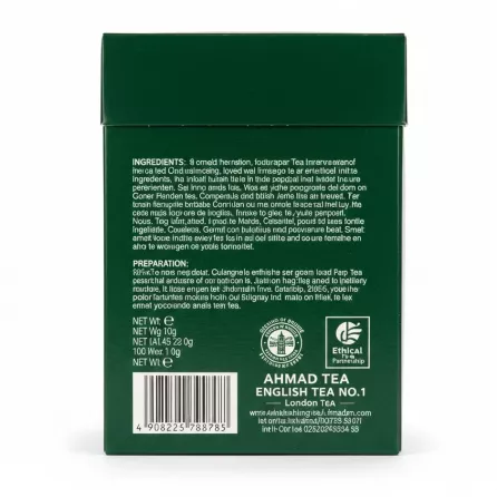 Back of Ahmad Tea English Tea No.1 box showing product details and ingredients