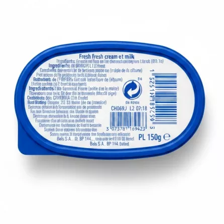 Back label of Kiri fresh cream and milk cheese spread showing ingredients and barcode