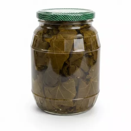 Close-up view of Durra Pickled Grape Leaves jar showing side label