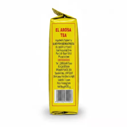 Side view of El Arosa Tea package with product and packing details