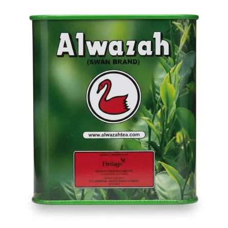 Close-up of Alwazah green tea branding with red swan logo on tin