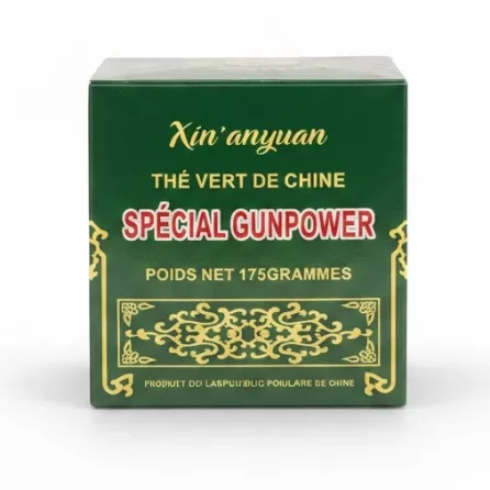 Packaged Xin'anyuan Special Gunpowder Green Tea front view