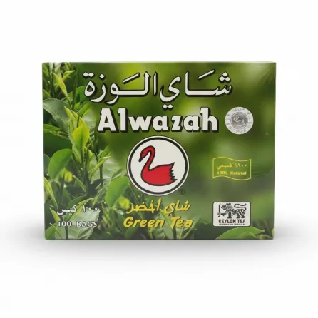 Alwazah Green Tea box displaying the brand and logo with tea leaves background