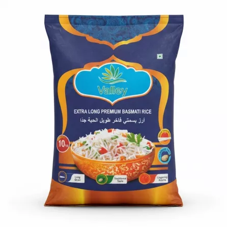 Valley brand 10kg bag of extra long premium basmati rice in blue and orange packaging featuring a bowl of cooked rice with herbs and vegetables