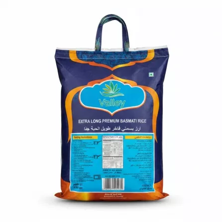 Back view of Valley basmati rice bag showing cooking instructions, nutritional facts, and barcode