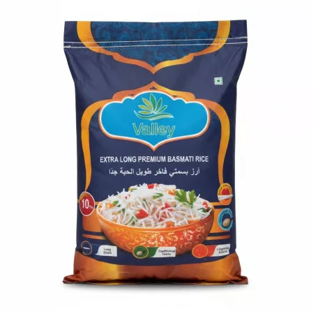 Valley Extra Long Premium Basmati Rice pack front showing bowl of cooked rice and labels
