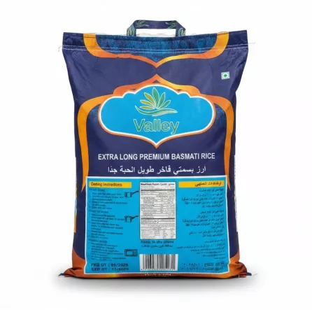Valley Extra Long Premium Basmati Rice 10kg back bag with nutrition and cooking details