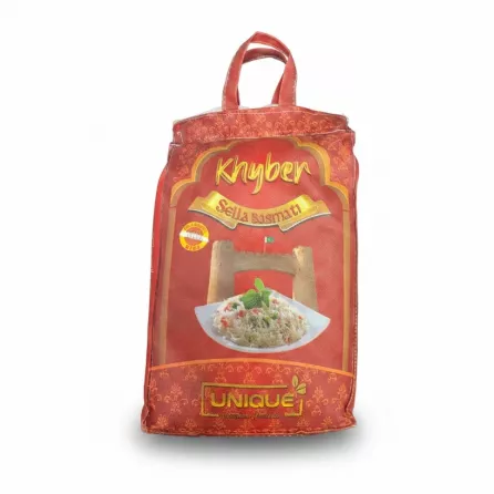 Red and orange packaging of Khyber Sella Basmati Rice showing cooked rice on plate