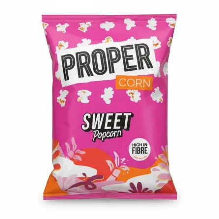 Bag of Proper Corn Sweet Popcorn in bright pink and orange packaging