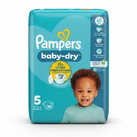 Pack of Pampers Baby-Dry Size 5 diapers with toddler smiling on front