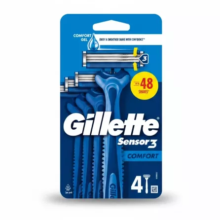 Pack of Gillette Sensor3 Comfort disposable razors showing four razors in blue packaging