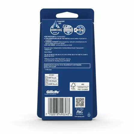 Back of Gillette Sensor3 Comfort razors pack with product details and barcode