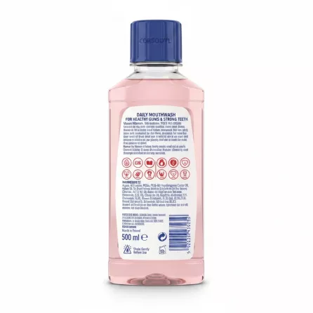 Corsodyl Complete Protection extra fresh mouthwash bottle back view with ingredients and instructions