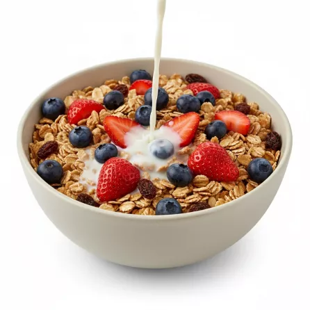 Bowl of Alpen muesli with fresh berries and milk